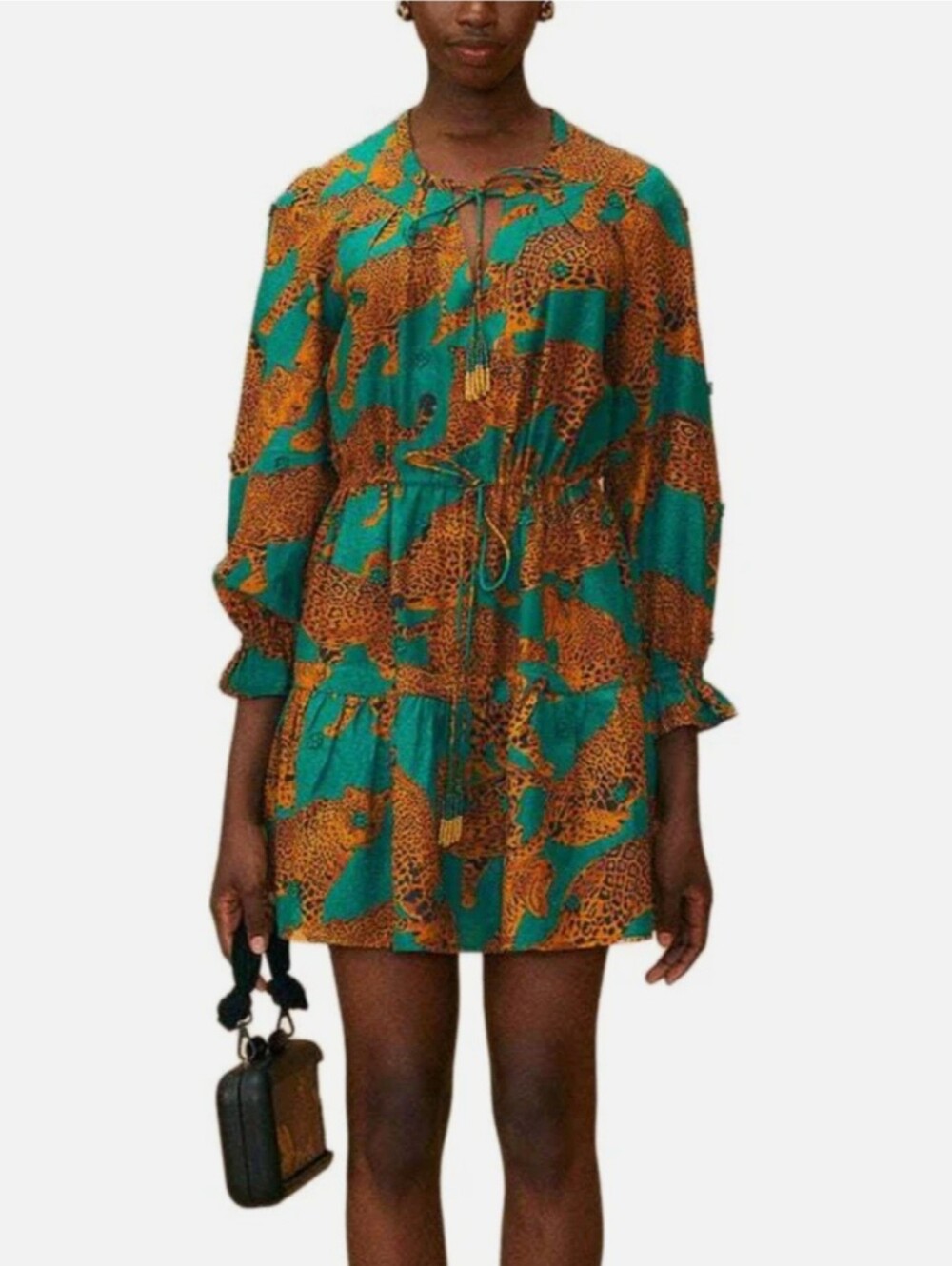 Farm Rio Artsy Leopard Green Long Sleeve Mini Dress Size Medium - Picture 9 of 9